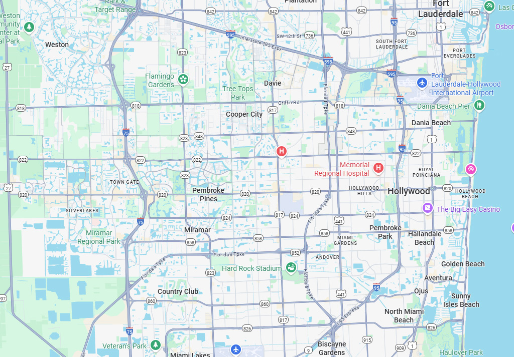 Map showing Hollywood, FL and nearby South Florida cities served by FinanzaTax
